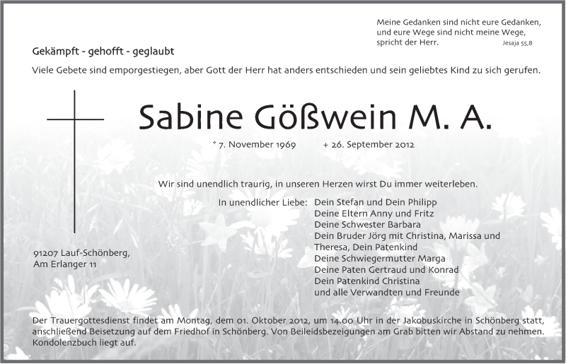  Traueranzeige für Sabine Gößwein vom 29.09.2012 aus Pegnitz-Zeitung